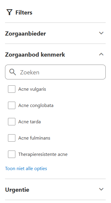 Acne - Zorgaanbod kenmerk filter