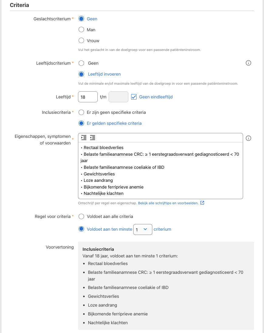 Invoervelden voor leeftijd, geslacht en inclusiecriteria met een dynamische voorvertoning van de samengestelde titel erboven